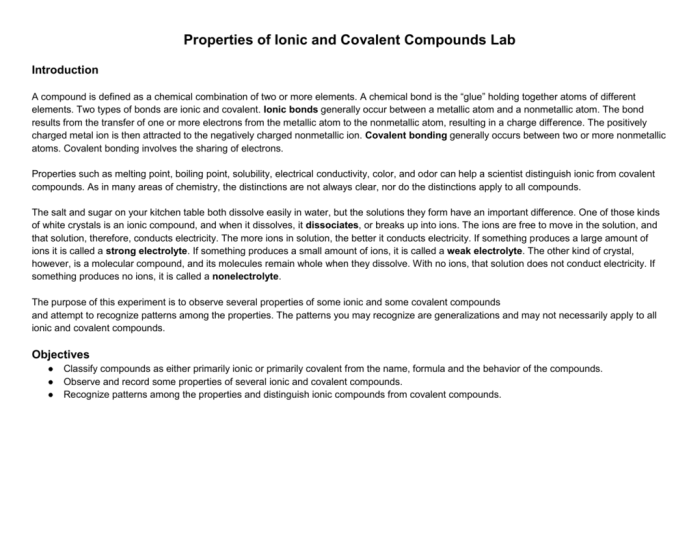 Properties of ionic and covalent compounds lab answer key