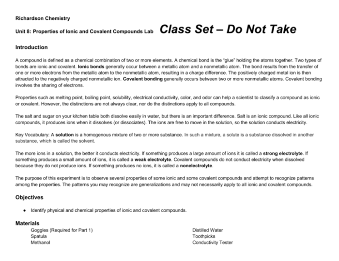 Properties of ionic and covalent compounds lab answer key