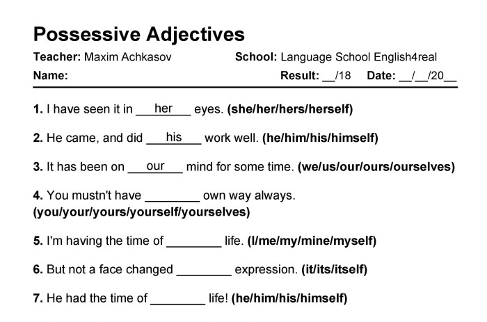 Fill in the blanks with the appropriate possessive adjectives.